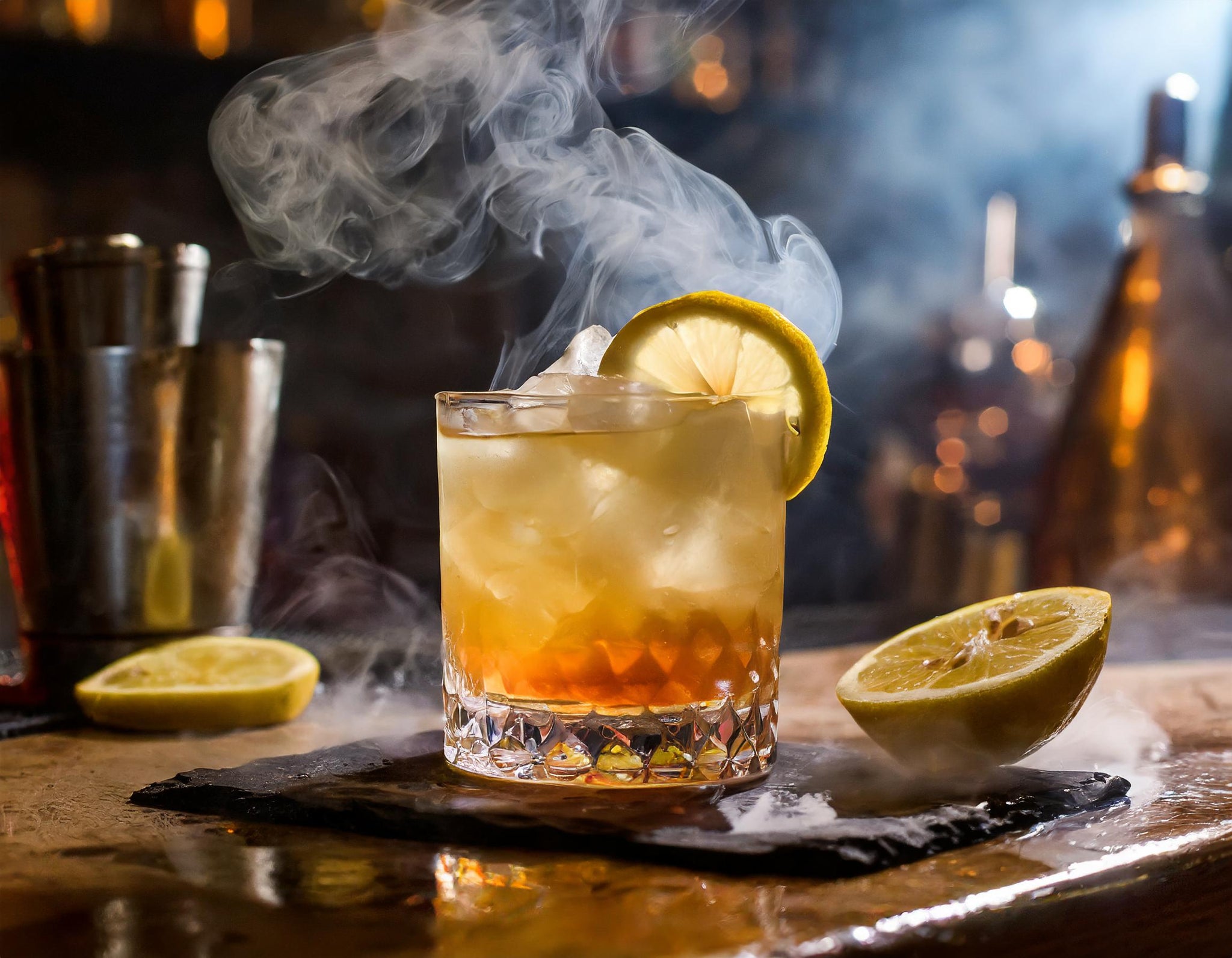 Smoked Amaretto Sour Cocktail recipe with a lemon wheel in a rocks glass