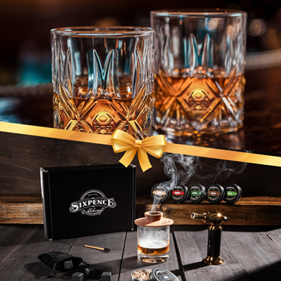 set of 2 crystal whiskey glasses and cocktail smoking kit gift bundle