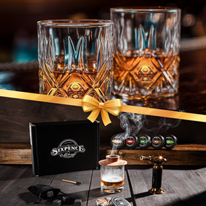 set of 2 crystal whiskey glasses and cocktail smoking kit gift bundle