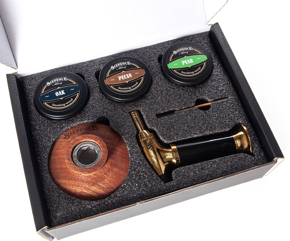 Complete Cocktail smoking kit with butane torch, 6 tins of natural wood chips, whiskey rocks and hardwood smoke top